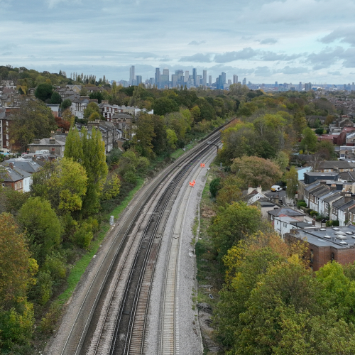 Aerial view of track between Honor Oak Park and Brockley looking north.JPG